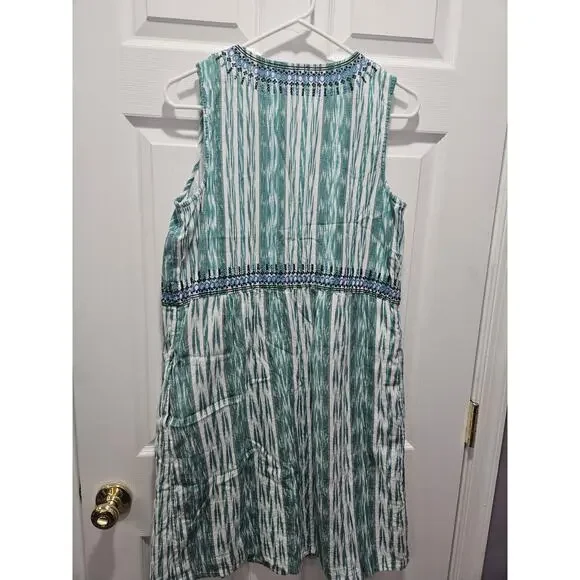 J.Jill Dress Women's Small Sleeveless Woven Embroidered Green Stripe 100% Cotton - Picture 4 of 8